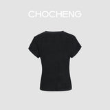 CHOCHENG意大利女装圆领短袖汗衫简约修身亚麻针织T恤黑色上衣女